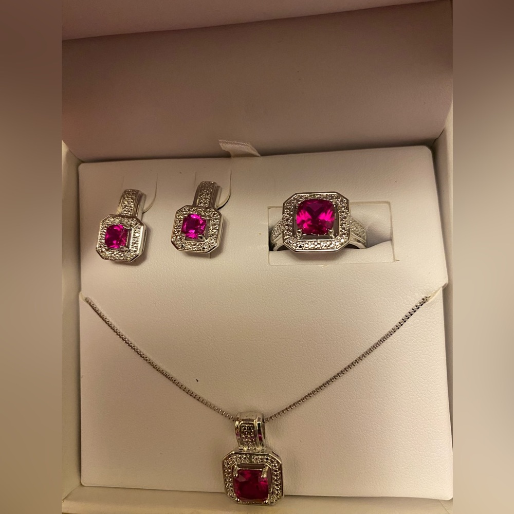 3 Piece Created Ruby And Diamond Accent Set In Rh… - image 1